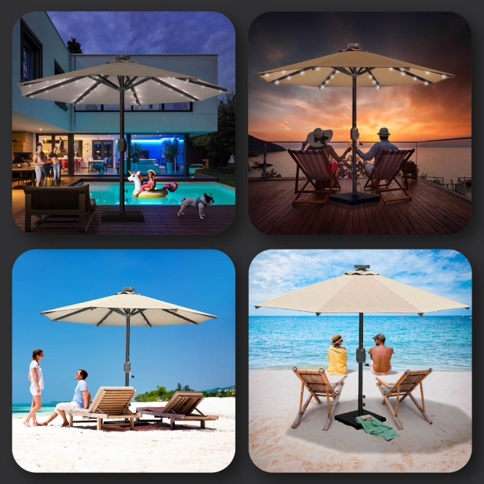 SUN MARINO | Parasoll | Runt | Ø 300 cm | Taupe | LED | + stativ & skydd SUN MARINO | Parasoll | Runt | Ø 300 cm | Taupe | LED | + stativ & skydd
