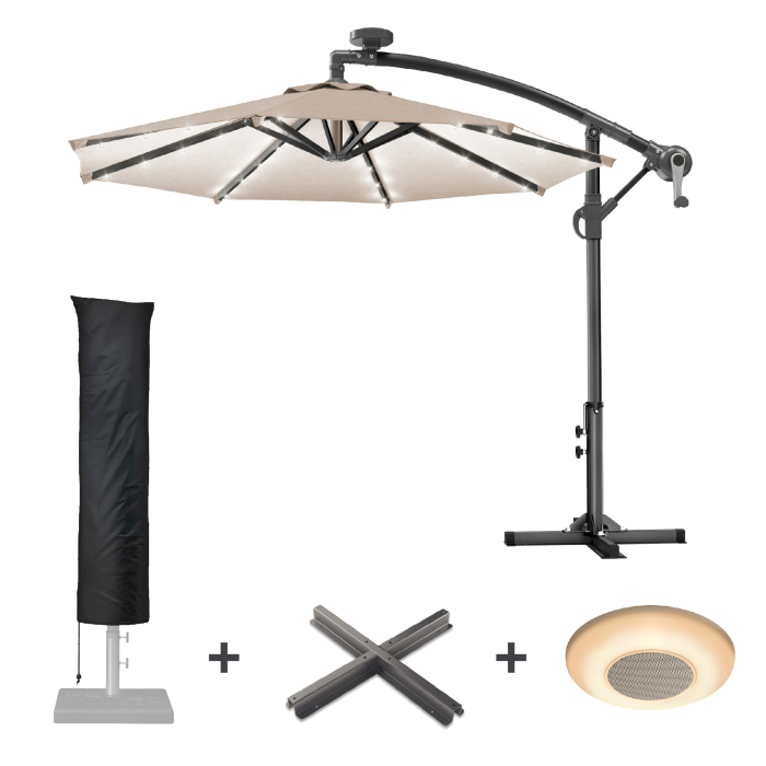 SUNSET | Parasol | LED | Ø3m | Taupe | +Stand & Cover