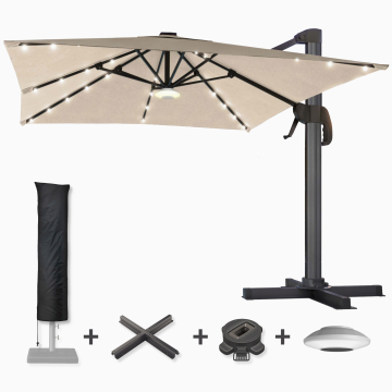 SUN LUIS | Parasoll | Kvadrat | B:D 300 x 300 cm | Taupe | LED | + stativ, svängbar bas & skydd