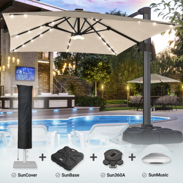 SUN LUIS | Parasoll | Kvadrat | B:D 300 x 300 cm | Taupe | LED | + stativ, svängbar bas & skydd