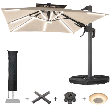 SUN PIETRO | Parasoll | Fyrkant | B:D 300 x 300 cm | Taupe | LED | + stativ, vridbar bas & skydd