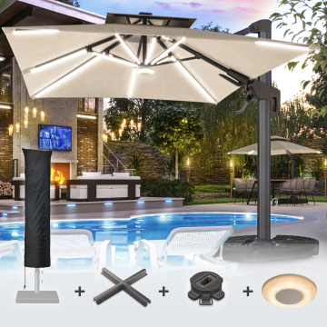 SUN PIETRO | Parasoll | Fyrkant | B:D 300 x 300 cm | Taupe | LED | + stativ, vridbar bas & skydd