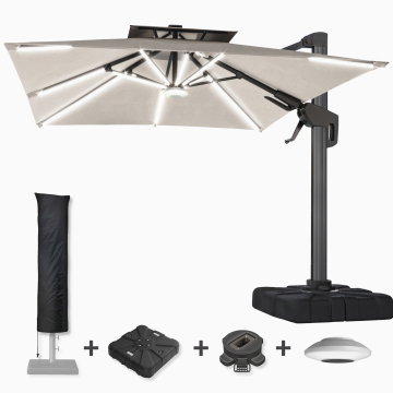SUN PIETRO | Parasoll | Fyrkant | B:D 300 x 300 cm | Taupe | LED | + stativ, vridbar bas & skydd
