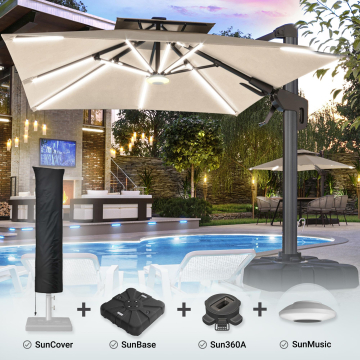 SUN PIETRO | Parasoll | Fyrkant | B:D 300 x 300 cm | Taupe | LED | + stativ, vridbar bas & skydd