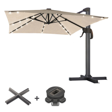 SUN LUIS | Parasoll | Kvadratisk | B:D 300 x 300 cm | Taupe | LED | +Stativ og svingbar fot