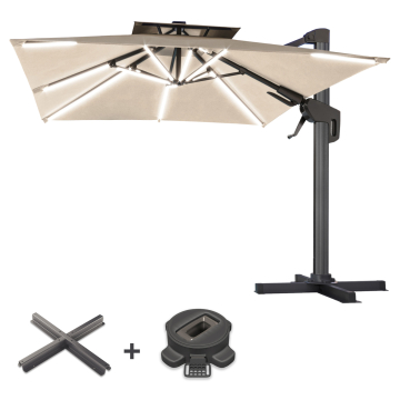 SUN PIETRO | Parasoll | Kvadratisk | B:D 300 x 300 cm | Taupe | LED | +Stativ og svingbar fot