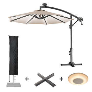 SUNSET | Parasoll | Runt | Ø 300 cm | Taupe | LED | + stativ & skydd