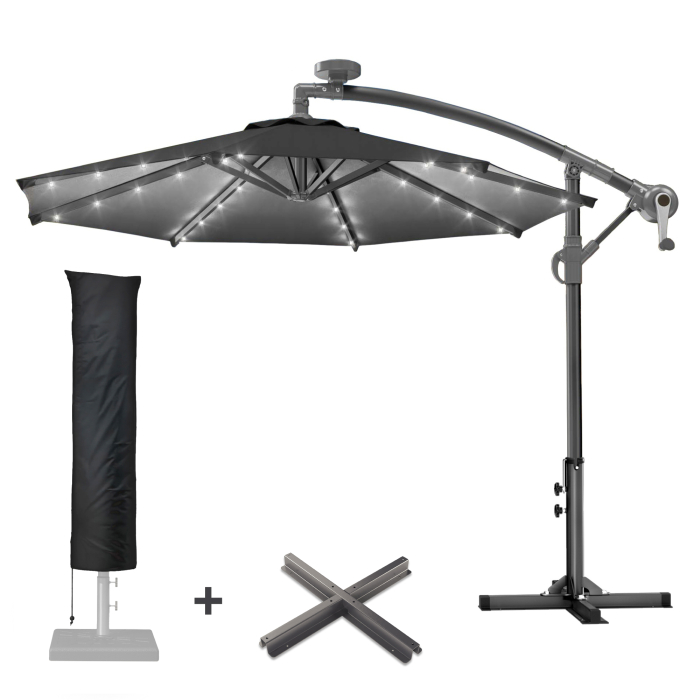 SUN LUCA | Sombrilla | Redonda | Ø 300 cm | Negro | LED | +Soporte & tapa