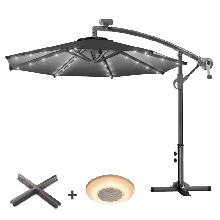SUN LUCA | Ombrellone | Rotondo | Ø 300 cm | Nero | LED | +Supporto & carillon