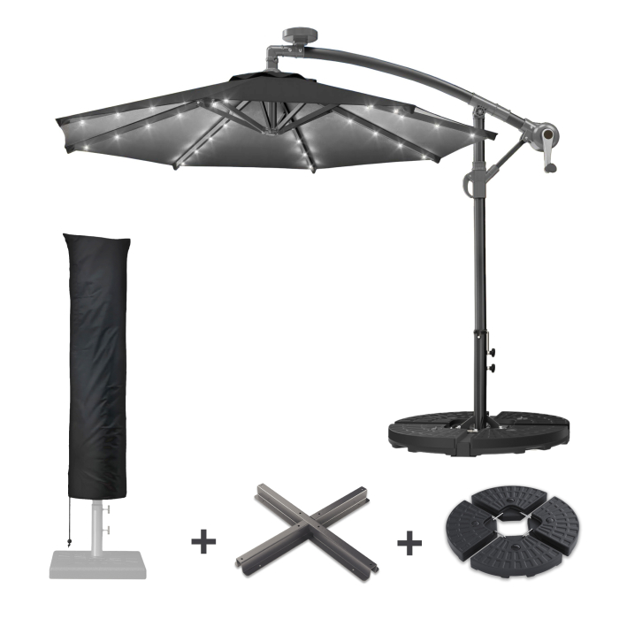 SUN LUCA | Ombrellone | Rotondo | Ø 300 cm | Nero | LED | +Supporto & copertura protettiva