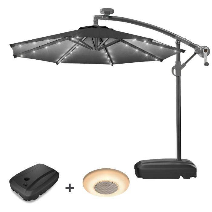 SUN LUCA | Parasoll | Rundt | Ø 300 cm | Svart | LED | +Stativ og spilledåse