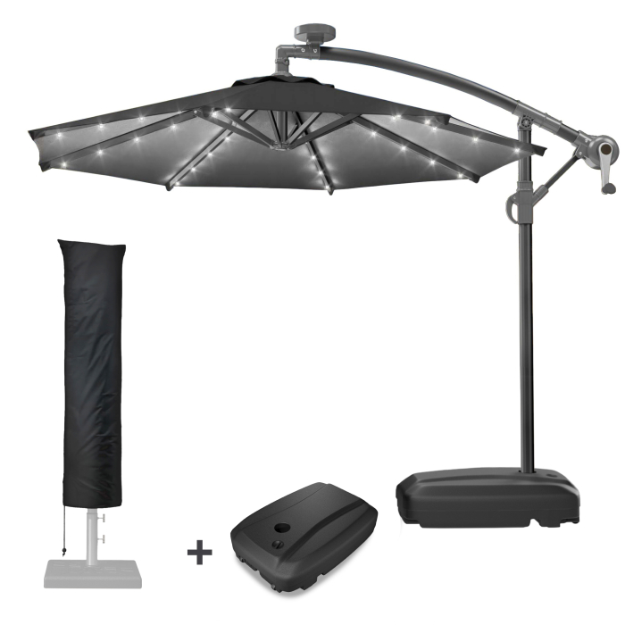 SUN LUCA | Parasoll | Rundt | Ø 300 cm | Svart | LED | +Stativ og svingbar fot