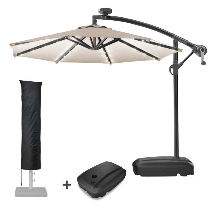 SUN LUCA | Parasoll | Rundt | Ø 300 cm | Taupe | LED | +Stativ og svingbar fot