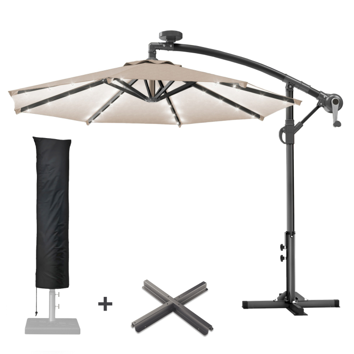 SUN LUCA | Parasoll | Runt | Ø 300 cm | Taupe | LED | + Stå & skydd