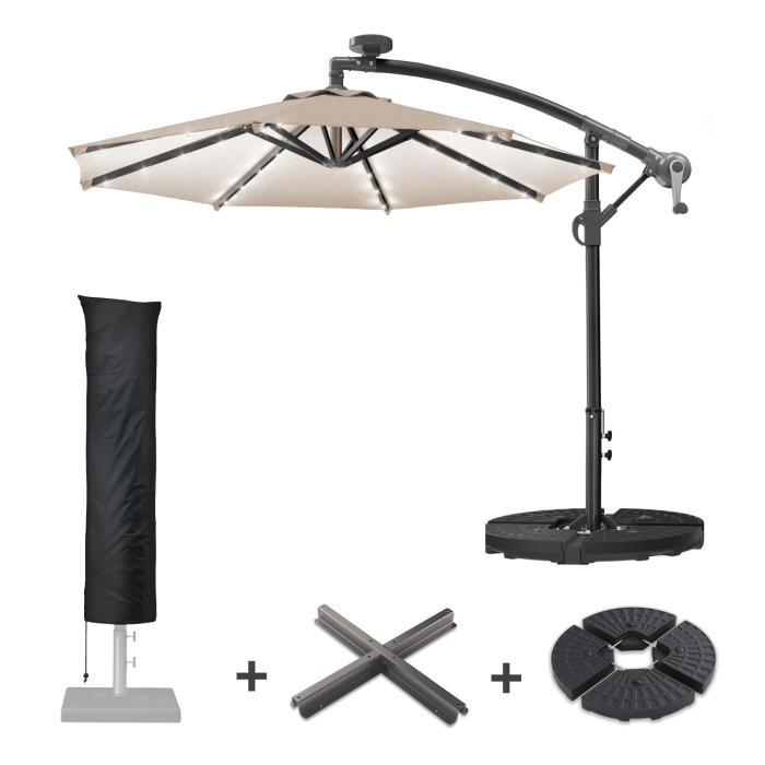 SUN LUCA | Parasoll | Runt | Ø 300 cm | Taupe | LED | + Stå & skydd