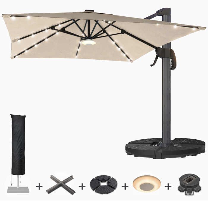 SUN LUIS | Sombrilla | Cuadrada | B:T 300 x 300 cm | Taupe | LED | +Soporte, base giratoria, caja de música & tapa