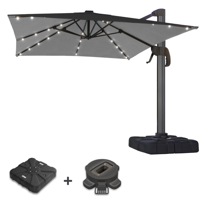 SUN LUIS | Parasol | Kwadrat | W:D 300 x 300 cm | Czarny | LED | + Stojak i obrotowa podstawa