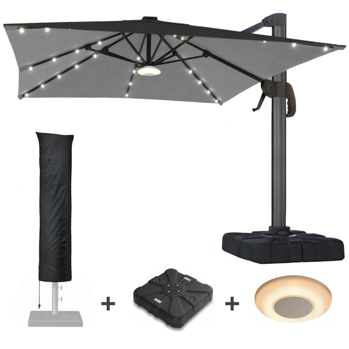 SUN LUIS | Parasol | Carré | L:P 300 x 300 cm | Noir | LED | +Support, boîte à musique & Housse