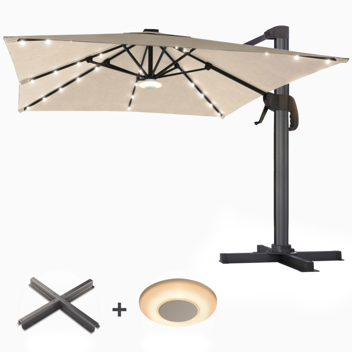SUN LUIS | Parasol | Carré | L:P 300 x 300 cm | Taupe | LED | +Support & Boîte à musique