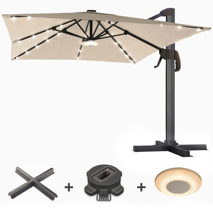 SUN LUIS | Parasol | Carré | L:P 300 x 300 cm | Taupe | LED | +Support, pied pivotant & Boîte à musique
