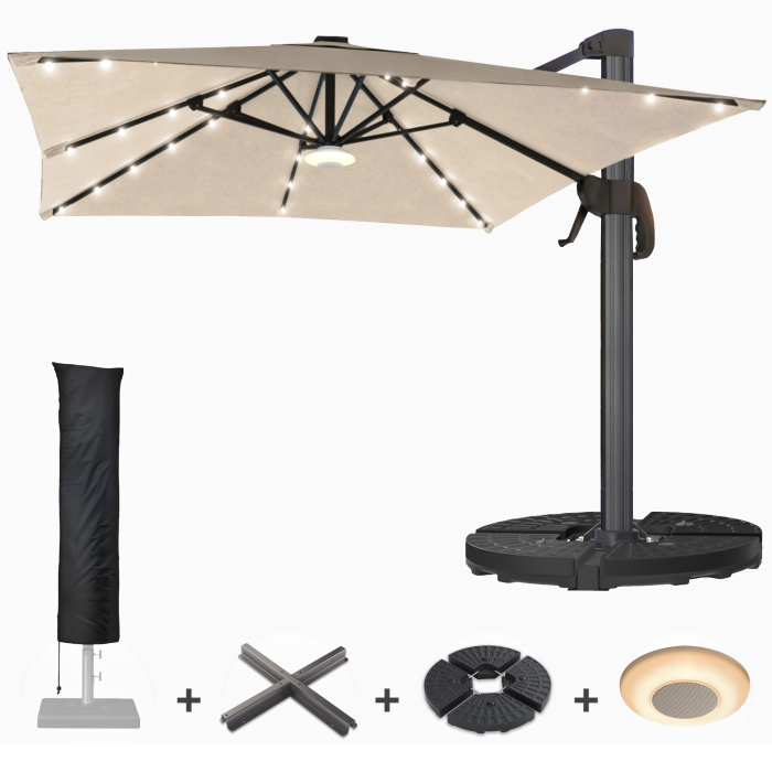 SUN LUIS | Sonnenschirm | Quadratisch | B:T 300 x 300 cm | Taupe | LED | +Ständer, Musikbox & Hülle