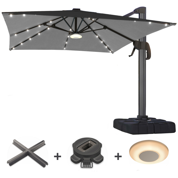 SUN LUIS | Ombrellone | Quadrato | B:T 300 x 300 cm | Nero | LED | +Supporto, piede girevole & carillon