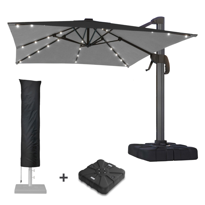 SUN LUIS | Parasol | Square | B:T 300 x 300 cm | Black | LED | +Stand & Cover