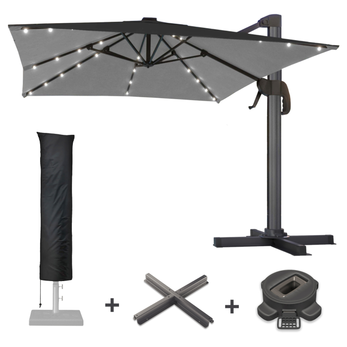 SUN LUIS | Parasol | Square | B:T 300 x 300 cm | Black | LED | +Stand, Swivel base & Cover