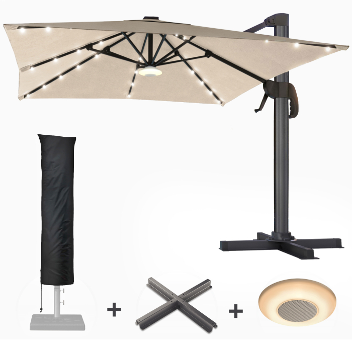 SUN LUIS | Parasol | Vierkant | B:T 300 x 300 cm | Taupe | LED | +Stand, Muziekdoos & Parasolhoes