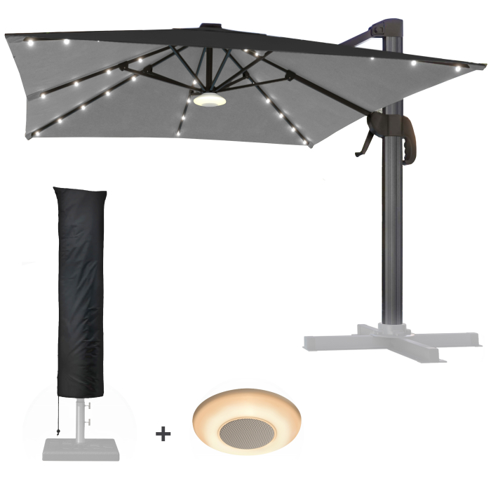 SUN LUIS | Parasol | Vierkant | B:T 300 x 300 cm | Zwart | LED | +Muziekdoos & Parasolhoes
