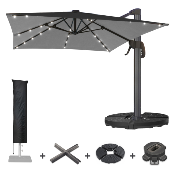 SUN LUIS | Parasol | Vierkant | B:T 300 x 300 cm | Zwart | LED | +Stand, Draaivoet & Parasolhoes
