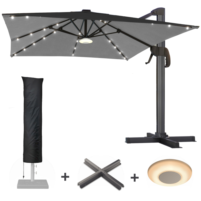 SUN LUIS | Parasol | Vierkant | B:T 300 x 300 cm | Zwart | LED | +Stand, Muziekdoos & Parasolhoes