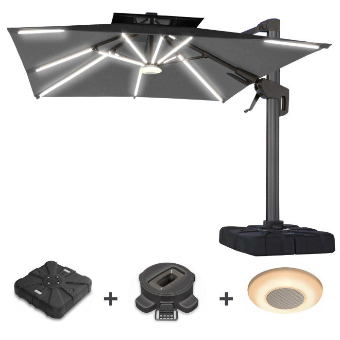 SUN PIETRO | Parasol | Quadratisch | B:T 300 x 300 cm | Sort | LED | +Stativ, Drejelig base & Musikboks