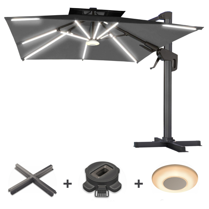 SUN PIETRO | Parasol | Quadratisch | B:T 300 x 300 cm | Sort | LED | +Stativ, Drejelig base & Musikboks