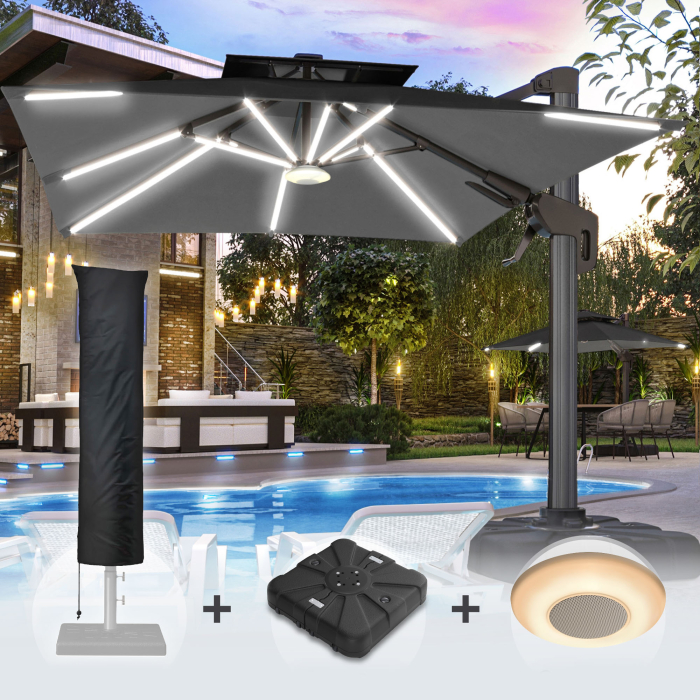 SUN PIETRO | Parasol | Quadratisch | B:T 300 x 300 cm | Sort | LED | +Stativ, Musikboks & Parasolbetræk