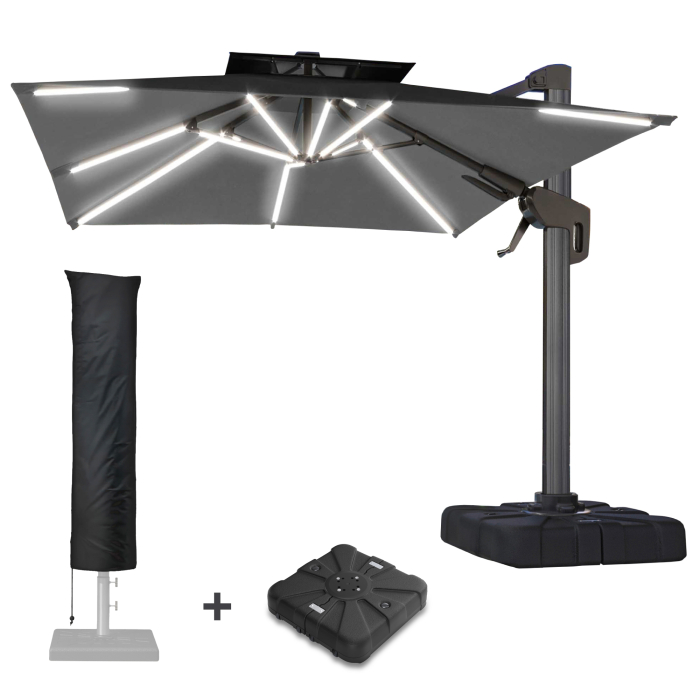 SUN PIETRO | Parasol | Quadratisch | B:T 300 x 300 cm | Sort | LED | +Stativ & Parasolbetræk