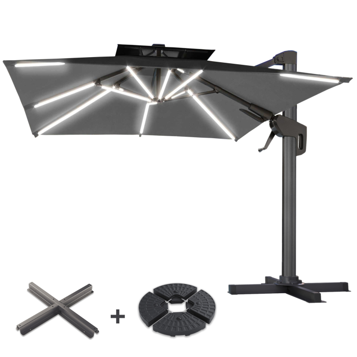 SUN PIETRO | Parasol | Quadratisch | B:T 300 x 300 cm | Sort | LED | +Stativ
