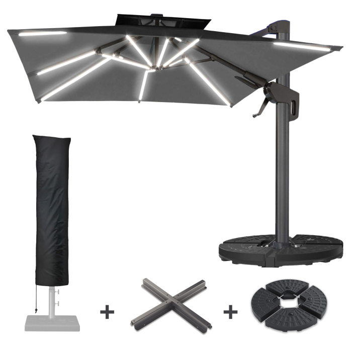 SUN PIETRO | Parasoll | Kvadrat | B:D 300 x 300 cm | Svart | LED | + Stå & skydd