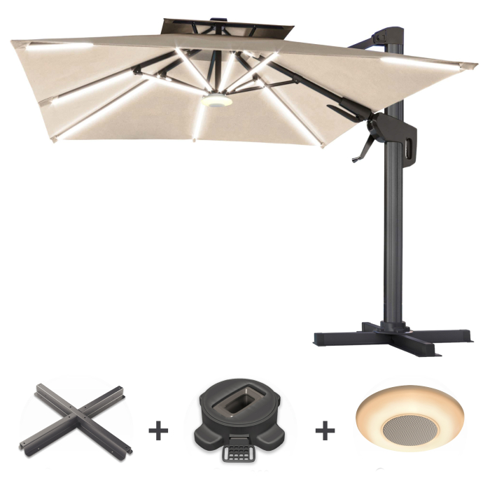 SUN PIETRO | Parasol | Quadratisch | B:T 300 x 300 cm | Taupe | LED | +Stativ, Drejelig base & Musikboks