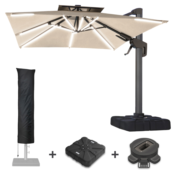 SUN PIETRO | Parasol | Quadratisch | B:T 300 x 300 cm | Taupe | LED | +Stativ, Drejelig base & Parasolbetræk