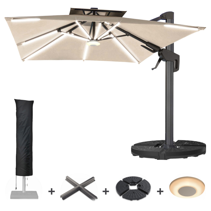 SUN PIETRO | Parasol | Quadratisch | B:T 300 x 300 cm | Taupe | LED | +Stativ, Musikboks & Parasolbetræk