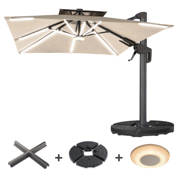SUN PIETRO | Parasol | Quadratisch | B:T 300 x 300 cm | Taupe | LED | +Stativ & Musikboks