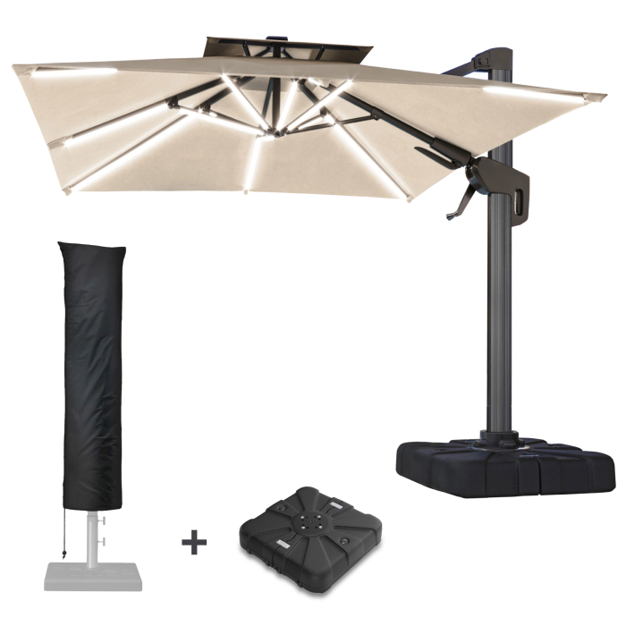 SUN PIETRO | Parasol | Quadratisch | B:T 300 x 300 cm | Taupe | LED | +Stativ & Parasolbetræk