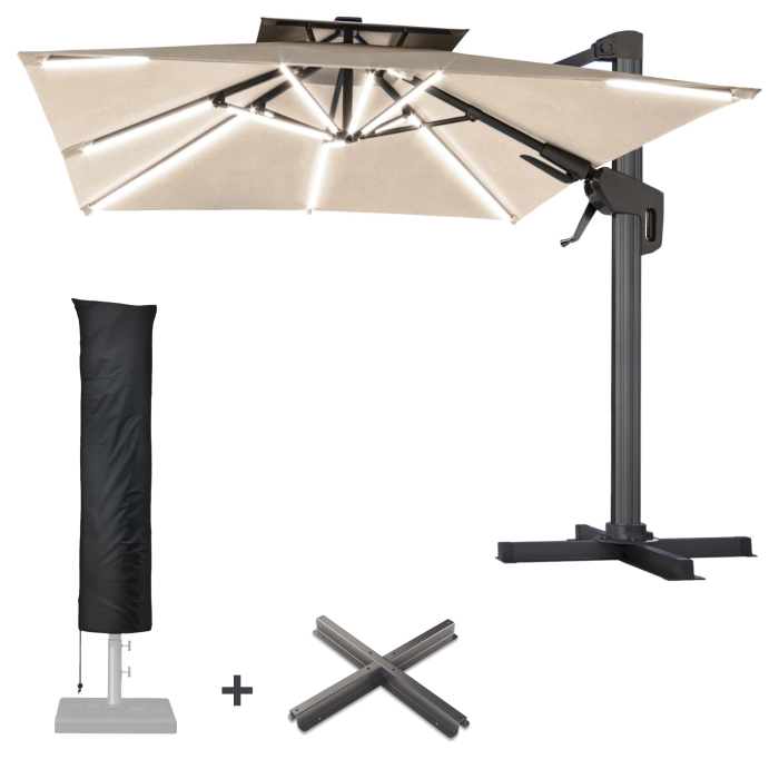 SUN PIETRO | Parasol | Quadratisch | B:T 300 x 300 cm | Taupe | LED | +Stativ & Parasolbetræk