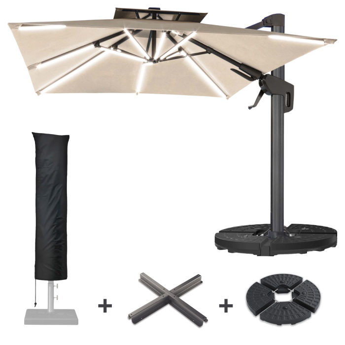 SUN PIETRO | Parasol | Quadratisch | B:T 300 x 300 cm | Taupe | LED | +Stativ & Parasolbetræk