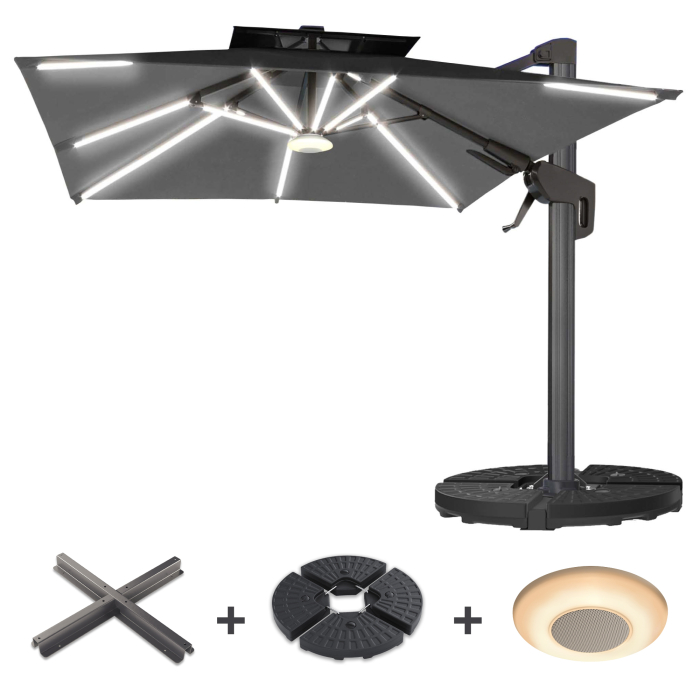 SUN PIETRO | Parasol | Carré | L:P 300 x 300 cm | Noir | LED | +Support & Boîte à musique
