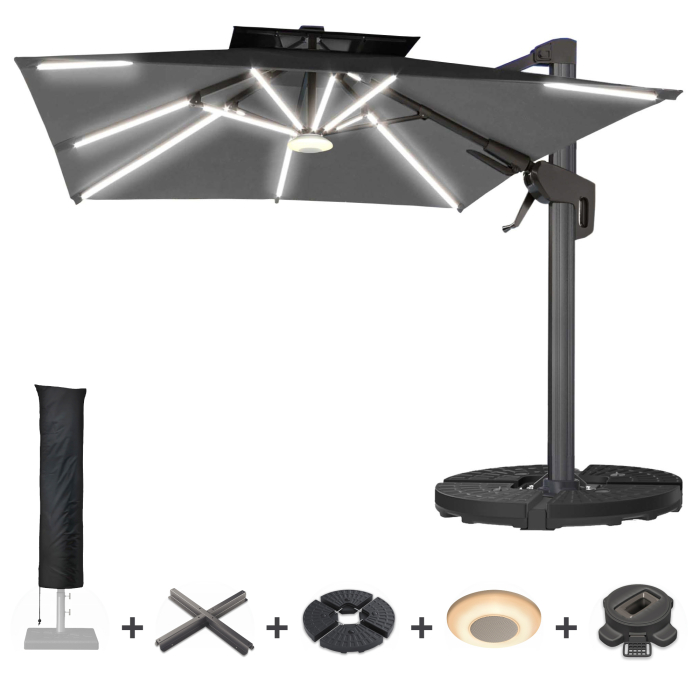 SUN PIETRO | Parasol | Carré | L:P 300 x 300 cm | Noir | LED | +Support, pied pivotant, boîte à musique & Housse