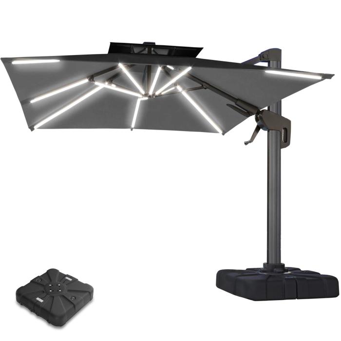 SUN PIETRO | Parasol | Carré | L:P 300 x 300 cm | Noir | LED | +Supports