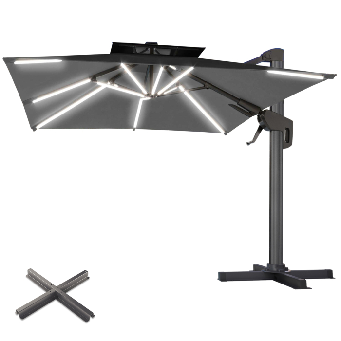 SUN PIETRO | Parasol | Carré | L:P 300 x 300 cm | Noir | LED | +Supports