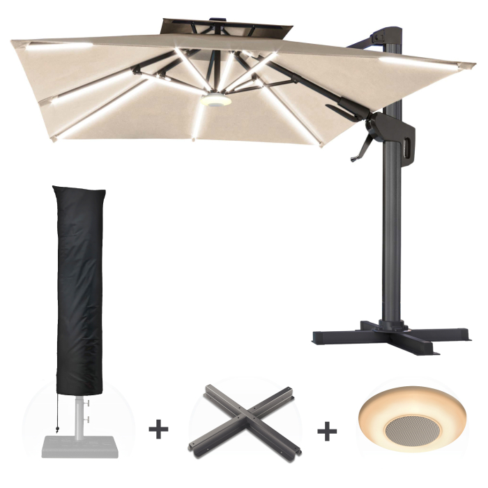 SUN PIETRO | Parasol | Carré | L:P 300 x 300 cm | Taupe | LED | +Support, boîte à musique & Housse